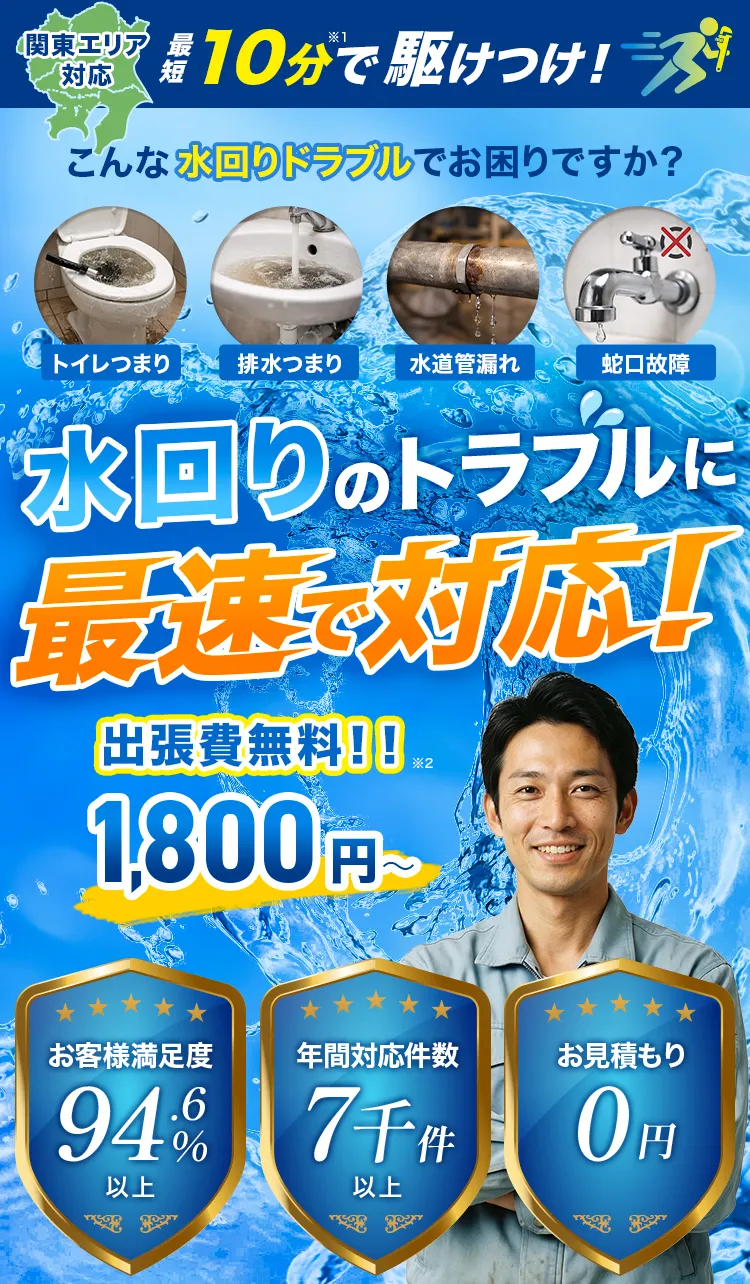 トイレつまり・水漏れなど水回りトラブルに最速対応。出張費無料、作業料金1,800円から